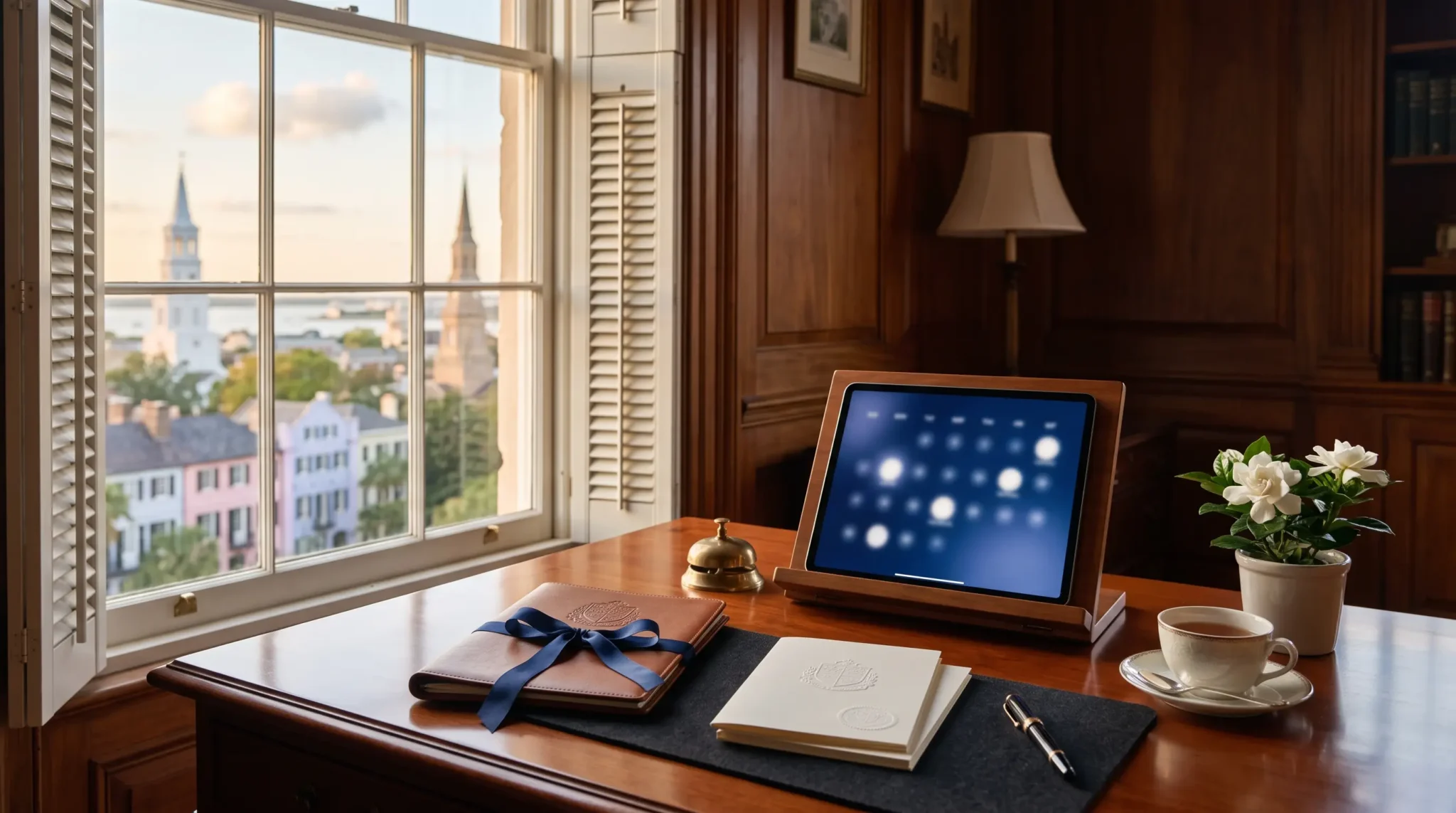 selling ai implementation to private schools workspace with tablet interface and Charleston steeple skyline